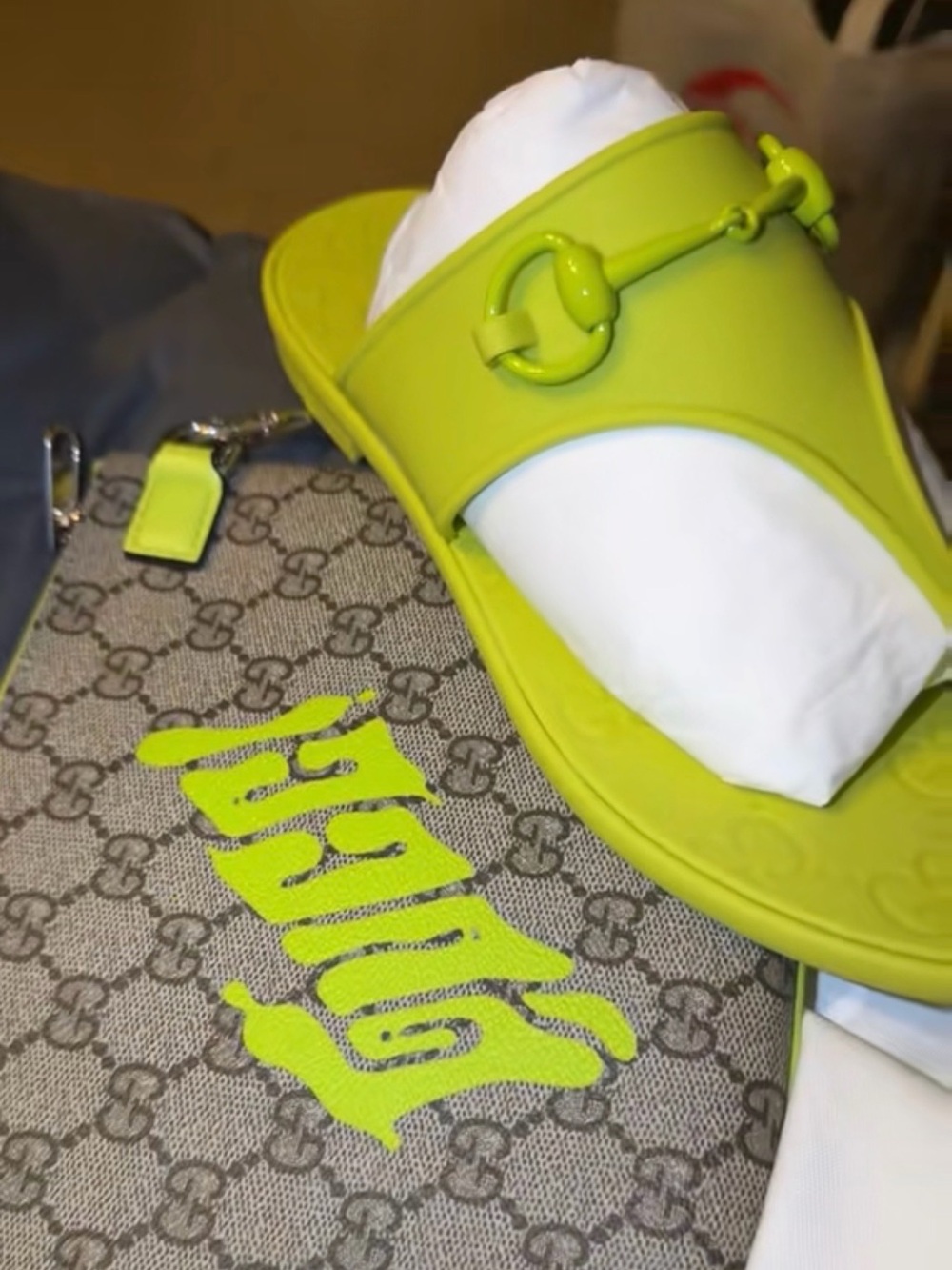 Gucci Neon Lime Green Horsebit Slide gucci